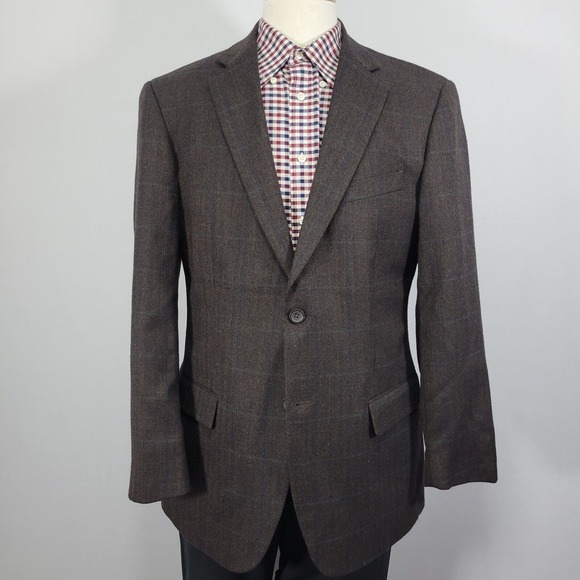 Geoffrey Beene Men's Sport Coat Blazer Two Button Brown Herringbone Plaid 41R‎